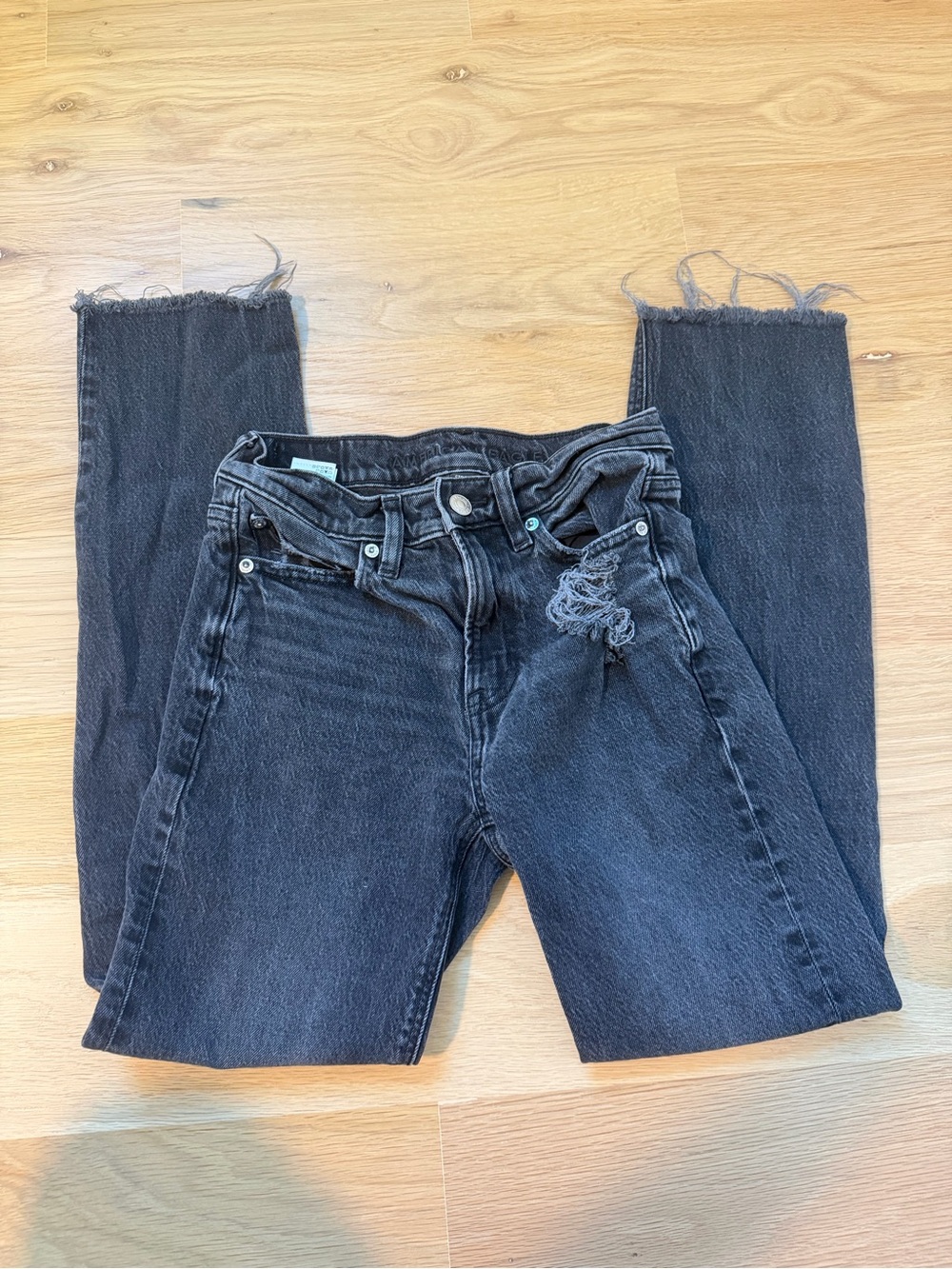 American Eagle Outfitters Black Straight Leg Jeans with Frayed Hem